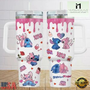 Stitch And Angel Valentine Stainless Steel Tumbler With Handle