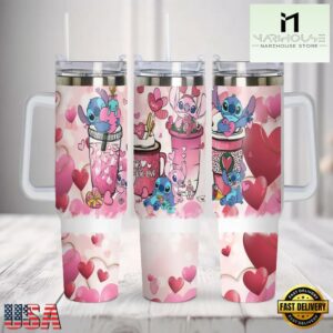 Stitch Disney Cartoon Valentine Stainless Steel Tumbler With Handle
