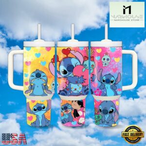 Stitch Love Heart Valentine Stainless Steel Tumbler With Handle