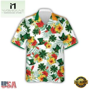 Tropical Hibiscus St Patrick'S Day Irish Shamrock Hawaiian Shirt