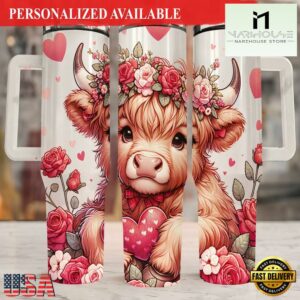Valentine Highland Cow Tumbler Highland Cow Gifts Valentine Cow Personalized Tumbler - 40oz Tumbler with Handle