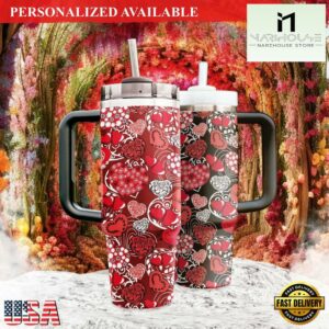 Valentine's Day 40oz with Handle and Straw Pink Hearts Tumbler Valentine's Day Tumbler - 40oz Tumbler with Handle