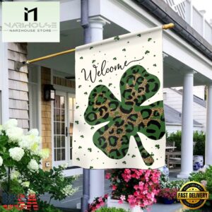 Welcome St. Patrick's Day Leopard Shamrock Clover House And Garden Flag Decor