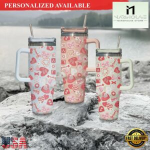XO Love Tumbler 40oz with Handle and Straw Pink Hearts Tumbler Valentine's Day Tumbler - 40oz Tumbler with Handle
