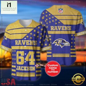 Custom Name And Number Baltimore Ravens NFL American Flag Baseball Jersey Shirt