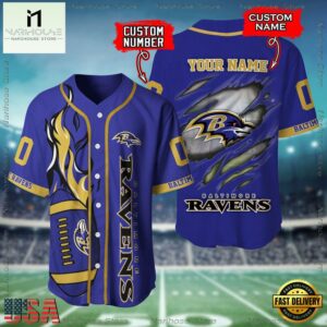 Custom Name And Number Baltimore Ravens NFL Football Team Baseball Jersey Shirt