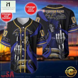 Custom Name And Number Baltimore Ravens NFL Skull Death 3D Baseball Jersey Shirt