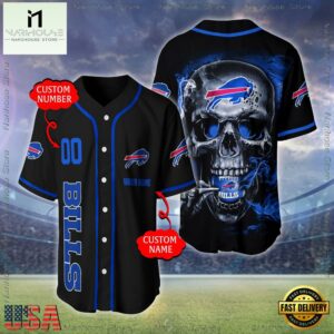 Custom Name And Number Buffalo Bills NFL Skull Face 3D Baseball Jersey Shirt
