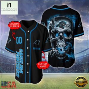 Custom Name And Number Carolina Panthers NFL Skull Face 3D Baseball Jersey Shirt