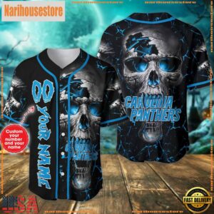 Custom Name And Number Carolina Panthers NFL Team Skull Baseball Jersey Shirt