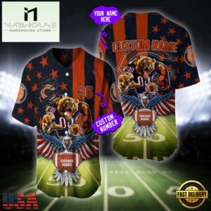 Custom Name And Number Chicago Bears NFL Mascot US Flag Baseball Jersey Shirt