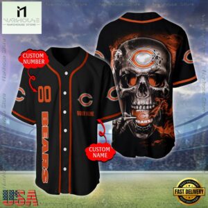 Custom Name And Number Chicago Bears NFL Skull Face 3D Baseball Jersey Shirt