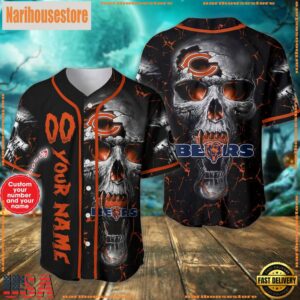 Custom Name And Number Chicago Bears NFL Team Skull Baseball Jersey Shirt