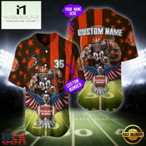 Custom Name And Number Cleveland Browns NFL Mascot US Flag Baseball Jersey Shirt