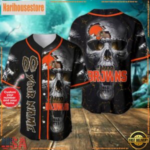 Custom Name And Number Cleveland Browns NFL Team Skull Baseball Jersey Shirt