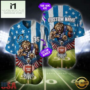 Custom Name And Number Detroit Lions NFL Mascot US Flag Baseball Jersey Shirt