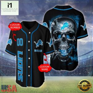 Custom Name And Number Detroit Lions NFL Skull Face 3D Baseball Jersey Shirt