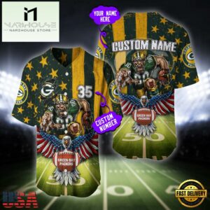 Custom Name And Number Green Bay Packers NFL Mascot US Flag Baseball Jersey Shirt