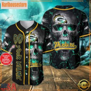 Custom Name And Number Green Bay Packers NFL Team Skull Baseball Jersey Shirt