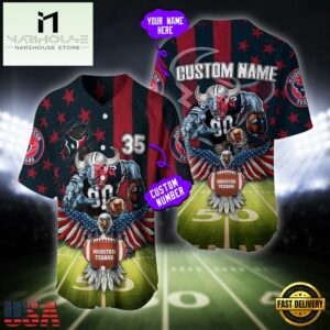Custom Name And Number Houston Texans NFL Mascot US Flag Baseball Jersey Shirt