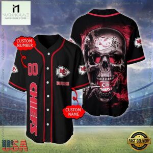Custom Name And Number Kansas City Chiefs NFL Skull Face 3D Baseball Jersey Shirt