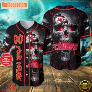 Custom Name And Number Kansas City Chiefs NFL Team Skull Baseball Jersey Shirt