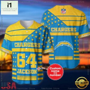 Custom Name And Number Los Angeles Chargers NFL American Flag Baseball Jersey Shirt