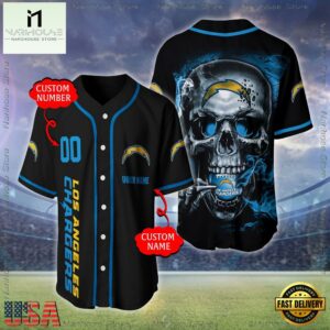 Custom Name And Number Los Angeles Chargers NFL Skull Face 3D Baseball Jersey Shirt