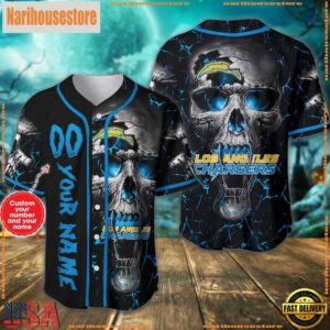 Custom Name And Number Los Angeles Chargers NFL Team Skull Baseball Jersey Shirt