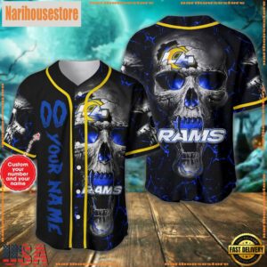 Custom Name And Number Los Angeles Rams NFL Team Skull Baseball Jersey Shirt