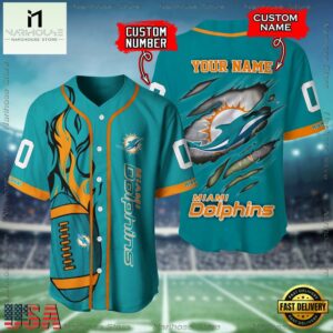 Custom Name And Number Miami Dolphins NFL Football Team Baseball Jersey Shirt