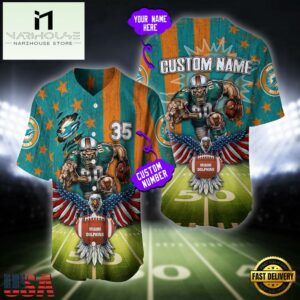 Custom Name And Number Miami Dolphins NFL Mascot US Flag Baseball Jersey Shirt