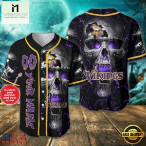 Custom Name And Number Minnesota Vikings NFL Skull Face 3D Baseball Jersey Shirt