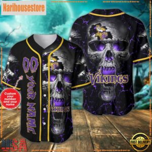 Custom Name And Number Minnesota Vikings NFL Team Skull Baseball Jersey Shirt