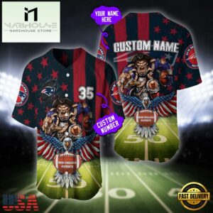 Custom Name And Number New England Patriots NFL Mascot US Flag Baseball Jersey Shirt