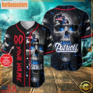 Custom Name And Number New England Patriots NFL Team Skull Baseball Jersey Shirt