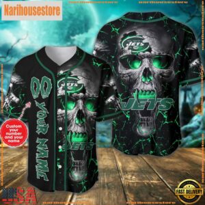 Custom Name And Number New York Jets NFL Team Skull Baseball Jersey Shirt