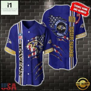 Custom Name And Number NFL Baltimore Ravens America Flag Baseball Jersey Shirt Gift For Fans