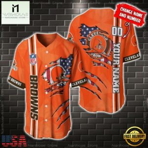Custom Name And Number NFL Cleveland Browns America Flag Baseball Jersey Shirt Gift For Fans
