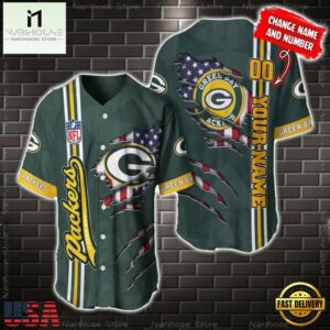 Custom Name And Number NFL Green Bay Packers America Flag Baseball Jersey Shirt Gift For Fans