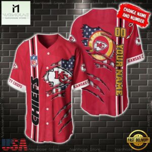 Custom Name And Number NFL Kansas City Chiefs America Flag Baseball Jersey Shirt Gift For Fans