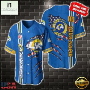 Custom Name And Number NFL Los Angeles Rams America Flag Baseball Jersey Shirt Gift For Fans