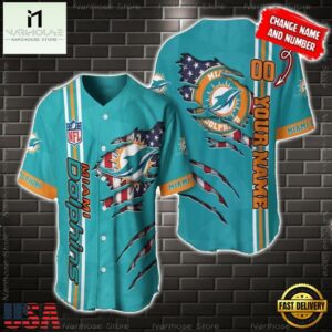 Custom Name And Number NFL Miami Dolphins America Flag Baseball Jersey Shirt Gift For Fans