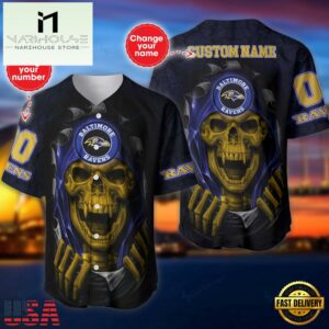 Custom Name And Number NFL Team Baltimore Ravens Skull Pattern Baseball Jersey Shirt