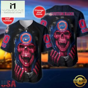Custom Name And Number NFL Team Buffalo Bills Skull Pattern Baseball Jersey Shirt