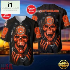 Custom Name And Number NFL Team Cleveland Browns Skull Pattern Baseball Jersey Shirt