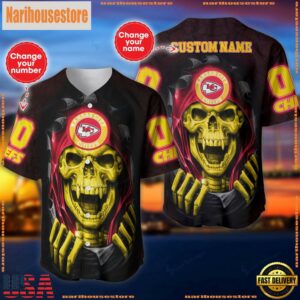 Custom Name And Number NFL Team Kansas City Chiefs Skull Pattern Baseball Jersey Shirt