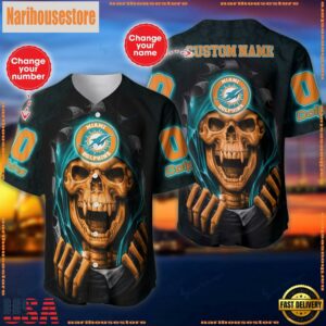 Custom Name And Number NFL Team Miami Dolphins Skull Pattern Baseball Jersey Shirt