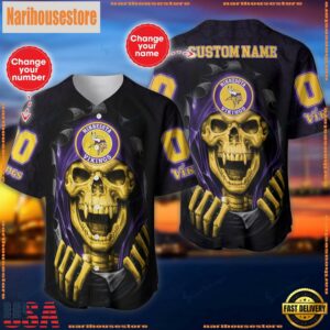 Custom Name And Number NFL Team Minnesota Vikings Skull Pattern Baseball Jersey Shirt