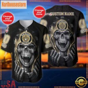 Custom Name And Number NFL Team New Orleans Saints Skull Pattern Baseball Jersey Shirt